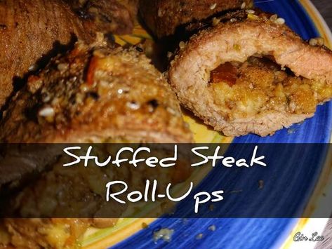 Stuffed steak roll-ups Rolled Stuffed Steak Recipes, Beef Rollups With Stuffing, Stuffed Rolled Steak, Stuffed Cube Steak Recipes, Round Steak Roll Up Recipes, Beef Roll Ups With Stuffing, Stuffed Cube Steak, Steak Rolls Stuffed, Stuffed Steak Rolls