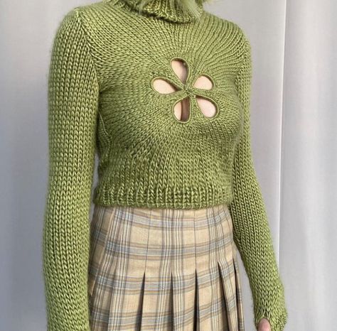 green sweater, cutout, avant garde fashion, pleated skirt outfit, lirika matoshi, teuta matoshi, winter Avante Garde Crochet, Sweater Cutout, Funky Sweaters, Jojo Outfits, Jojo Fashion, Flower Cutout, Lirika Matoshi, Teuta Matoshi, Pleated Skirt Outfit