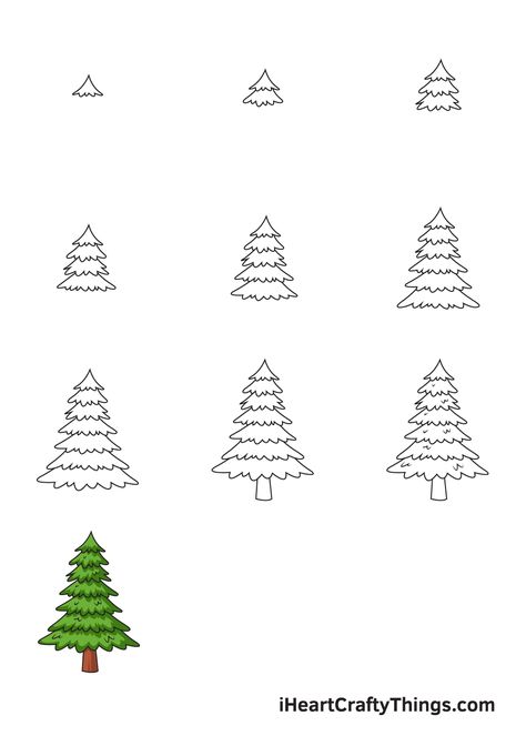 How To Draw Pine Trees Step By Step, How To Draw A Pine Tree, How To Draw Pine Trees, How To Draw A Christmas Tree, Draw A Pine Tree, Pine Drawing, How To Draw Snow, Tree Drawing Simple, Pine Tree Drawing