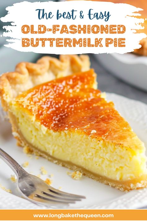 Indulge in the nostalgia of an Old-Fashioned Buttermilk Pie with this easy, delicious recipe. Perfectly creamy and just tangy enough, it combines simple ingredients like buttermilk, vanilla, and lemon juice in a flaky crust. Ideal for holidays or a sweet family treat. Ready in just an hour! Pin this recipe now for a timeless dessert that everyone will love. Southern Buttermilk Pie, Buttermilk Pie Recipe, Southern Pies, Chess Pie Recipe, Buttermilk Pie, Southern Desserts, Buttermilk Recipes, Easy Pie Recipes, Banoffee Pie