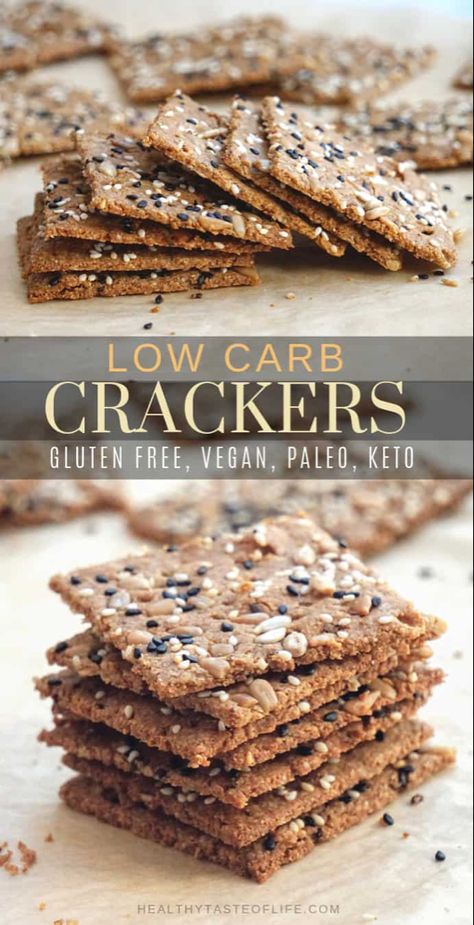 Crispy homemade low carb keto seed crackers recipe that's also dairy free, gluten free, grain free, nut free, paleo and vegan. Made with flax seeds, sunflower seeds, sesame seeds and a few other healthy ingredients. A low carb keto snack great for anyone who is following a dairy free, vegan keto diet. Almond Flour Crackers Recipe, Low Carb Crackers Recipes, Nut Free Paleo, Seed Crackers Recipe, Dairy Free Keto, Glutenfri Baking, Healthy Crackers, Vegan Keto Diet, Low Carb Crackers