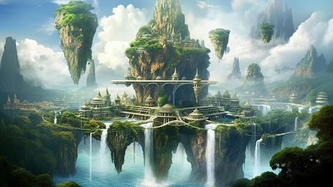 Floating Islands Fantasy Art City, Floating Cities Fantasy Art, Fantasy Floating City Concept Art, Floating Fantasy Island, Floating Island Fantasy Art, Sky Islands Fantasy Art, Flying Island Art, Floating City Concept Art, Floating City Fantasy Art