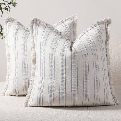 Amazon.com: Striped Farmhouse Pillow Covers 12x20 Set of 2 Blue and Beige Throw Pillow Covers with Fringe Chic Accent Cotton Decorative Rectangular Lumbar Pillows Covers for Sofa Couch Bed Living Room Boho Decor : Home & Kitchen Coastal Blue Throw Pillows, Coastal Neutral Decor, Ideal Farmhouse, Living Room Boho Decor, Room Boho Decor, Simplistic Aesthetic, Farmhouse Pillow Covers, Living Room Boho, Coastal Throw Pillows