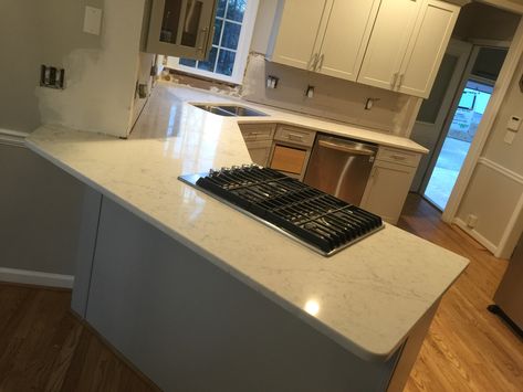 For this kitchen project, we installed Arctic Carrara quartz countertops with an eased edge and a drop-in double bowl sink in one of the counters. This quartz color has a beautiful white undertone with light grey veins and minerals patterned throughout the surface. This exquisite stone will give a simple yet luxurious, high-end look to any kitchen. It’s also very versatile because it’s neutral color and detail can pair well with most cabinetry colors.  #countertops #kit Carrara Quartz Countertops, Cabinetry Colors, Carrara Quartz, Granite Countertop, Quartz Color, Double Bowl Sink, Quartz Colors, Kitchen Upgrades, Bowl Sink