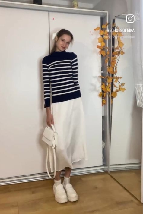 Silk dress, white loafers, platform shoes, hair bow, striped swearer, navy blue jumper, navy blue cardigan Silk Dress White, Loafers Platform, White Loafers, Navy Blue Cardigan, Blue Jumper, Blue Cardigan, Autumn Outfit, Silk Skirt, Platform Shoes