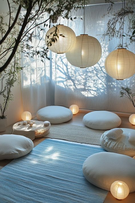 69 Zen Meditation Space Ideas - TastyInteriors Zen Reading Corner, Zen Studio Ideas, Meditation Balcony Ideas, Blue Meditation Room, Indoor Meditation Space, Healing Room Ideas Interior Design, Meditation Aesthetic Room, Meditation Area Ideas Small Spaces, Zen Decorating Ideas Living Room