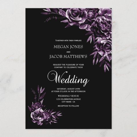 Black Purple Wedding, Black And Purple Wedding, Purple Black Wedding, Dark Purple Wedding, Purple Floral Wedding, Designer Wedding Invitations, Plum Wedding, Purple Wedding Theme, Afternoon Wedding