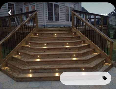 Lights In Deck Steps, Deck Stairs To Pool, Cascading Deck Stairs, Corner Steps On Porch, Outdoor Stairs To Patio, Back Porch Stairs, Deck Stairs Ideas, Outside Stairs Design, Wood Deck Steps