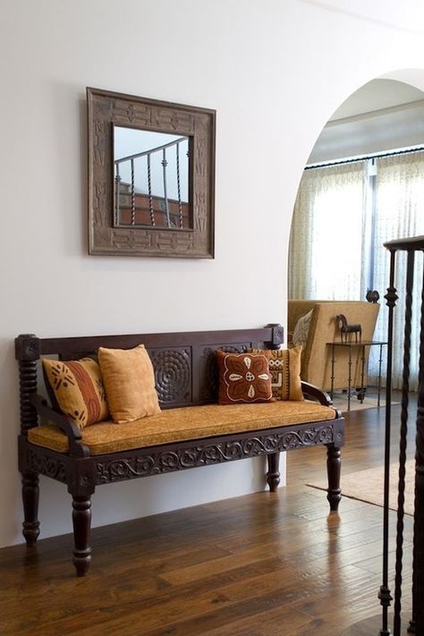 9 Easy Steps To A Fabulous Entryway • One Brick At A Time Ottoman Seating, Mediterranean Furniture, Mediterranean Living Room, Carved Sofa, Carved Bench, African Interior Design, African Furniture, Mediterranean Living, African Interior