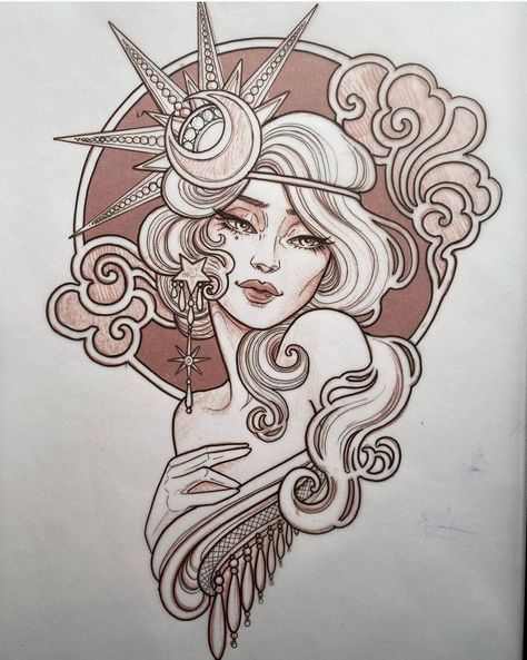 Tattoo Woman Face, Traditional Tattoo Girls, Moon Lady, Neo Traditional Art, Traditional Tattoo Woman, Face Tattoos For Women, Art Nouveau Tattoo, Neo Tattoo, 16 Tattoo