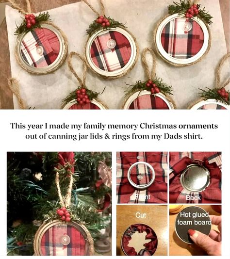 Button Up Shirt Ornament, Christmas Ornaments From Clothes, Ornament Out Of Old Shirt, Old Shirt Christmas Ornament, Shirt Memory Ornaments, Memorial Shirt Ornaments Diy, Christmas Ornaments Made From Loved Ones Clothing, Remembrance Christmas Ornaments Diy, Memory From Clothes Ideas