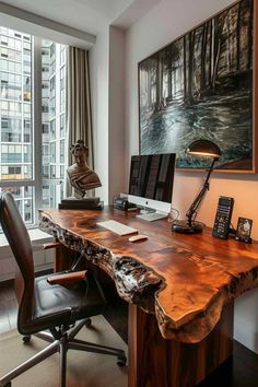 Raw Edge Desk, Wooden Desk Diy, Wooden Office Table Design, Office Decoration Ideas For Work, Room Decor Bedroom Minimalist, Work Office Decor Ideas, Rustic Wood Desk, Wooden Office Table, Office Decorating Ideas For Work