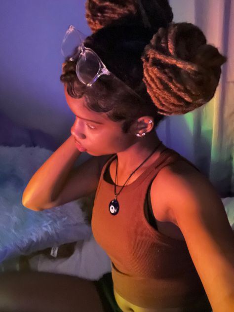 Space Buns Dreads, Loc Petal Space Buns, Locs Hairstyles Buns, 2 Buns Loc Style, Locs With Buns, Space Buns On Locs, Dreads In A Bun, Space Bun Locs, Space Buns Loc Style