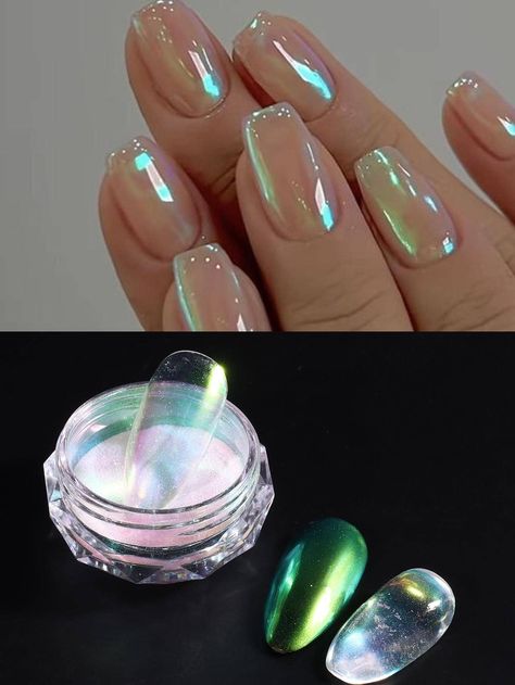 Green Iridescent Nails, Nail Pigment Powder, Iridescent Mermaid, Prom Inspo, Polish Manicure, Gel Polish Manicure, Fall Gel Nails, Glitter Gel Polish, Nails Today