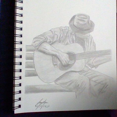 u can see a man playing a guitar happily on his bench Man Playing Guitar Tattoo, Man Playing Guitar Drawing, Playing Guitar Drawing, Drawing Guitar, Flower Draw, Man Playing Guitar, Singing Drawing, Guitar Sketch, Painting Man