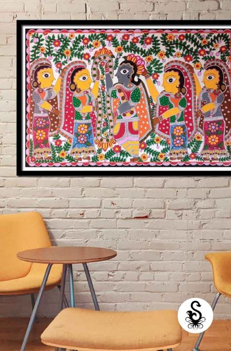 This painting as a form of wall art was practiced widely throughout the region; the more recent development of painting on paper and canvas mainly originated among the villages around Madhubani, and it is these latter developments that led to the term "Madhubani art" being used alongside "Mithila Painting."
Colour - Acrylic
paper - Handmade paper
Size- 90*60 cm
Note-The product does not include the picture frame. Sita Swayamvar, Mithila Painting, Painting Colour, Ram Sita, Paper Handmade, Madhubani Art, Madhubani Painting, The Villages, Painting On Paper