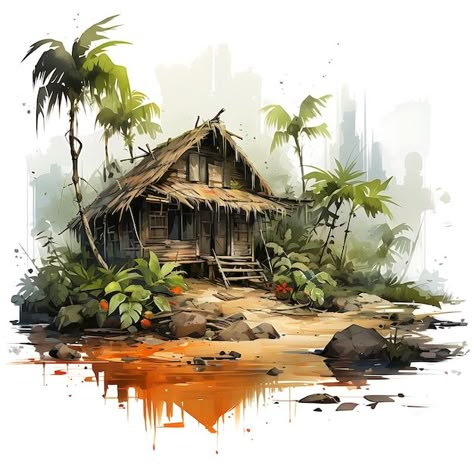 Premium Photo | Watercolor Cottage of Crumbling Hut Torn Burlap Decorations Muted Browns and Orang Art 2D Vector Burlap Decorations, Watercolor Cottage, Beautiful Paintings Of Nature, Loose Watercolor Paintings, Village Art, Landscape Design Drawings, Fall Drawings, Burlap Decor, Indian Art Gallery