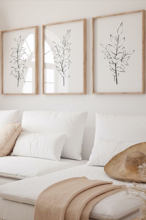 three black and white botanical drawings with a minimalist style Black And White Bedroom Art Above Bed, Bedroom Art Work Ideas, Minimalist Art Living Room, Simple Artwork For Bedroom, Bedroom Picture Wall Ideas Master Paintings & Prints, Simple Wall Art Living Room, Living Room Art Ideas, Bedroom Prints Above Bed, Pictures Above Bed