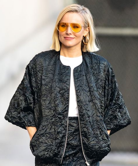 Kristen Bell Explains Why She Thinks Dax Shepard Isn’t Her Soulmate+#refinery29 Kristen Bell And Dax, Dax Shepard, Burgundy Boots, Yellow Sunglasses, Kristen Bell, Christina Hendricks, Britney Spears, Gossip Girl, Black Jacket