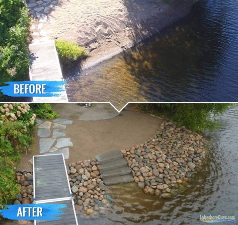 Losing your shoreline to erosion? We build the toughest riprap shorelines on earth. See photos of our work. Shoreline Ideas, Staircase Construction, Lake Landscaping, Lake Dock, Pond Landscaping, Lake Living, Lake Beach, Lakefront Homes, Lake Cabins