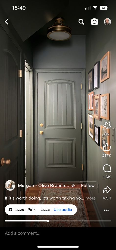 Dark Green Hallway, Vintage Paint Colors, Hallway Paint Colors, Grey Interior Doors, Black Hallway, Diy Home Updates, Hallway Gallery Wall, Hallway Paint, Moody Living Room