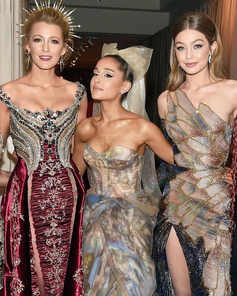 🍒 on Instagram: “Blake Lively & Ariana Grande & Gigi Hadid” Blake Lively Met Gala, Versace Gown, Heavenly Bodies, Blake Lively, Red Carpet Looks, Gigi Hadid, Ariana Grande, Strapless Dress Formal, High Fashion