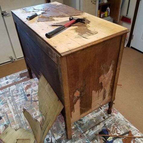 Dealing With Veneer Damage #veneer #veneerremoval #diy Wood Dressers Makeover, Removing Veneer, Furniture Rehab, Furniture Repair, Wood Dresser, Refurbished Furniture, Furniture Restoration, Recycled Furniture, Flipping Furniture