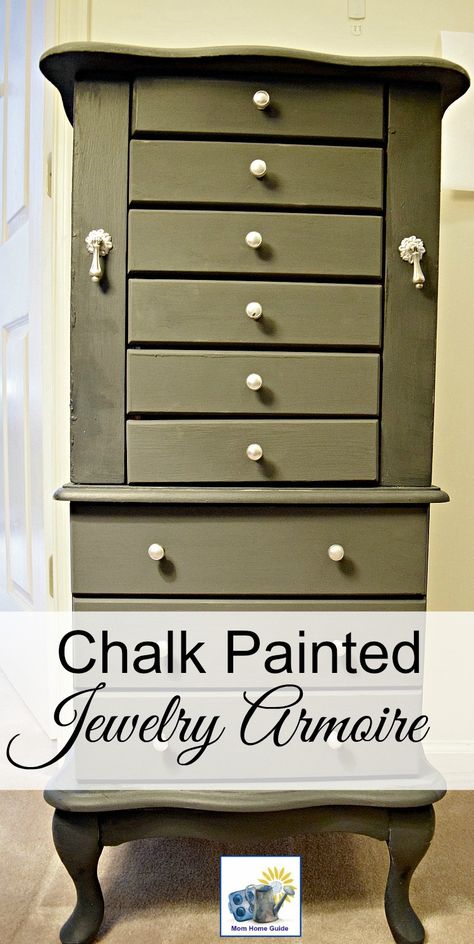 An old standing jewelry armoire gets a beautiful new look with a coat of chalk paint and a little bit of glittery spray paint. Painting Jewelry Armoire, Stand Up Jewelry Box Makeover, Refinished Jewelry Armoire, Tall Jewelry Box Makeover, Jewelry Armoire Makeover Diy, Jewelry Cabinet Makeover, Tall Jewelry Box, Jewelry Armoire Diy, Jewelry Armoire Makeover