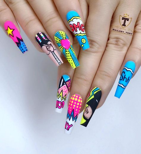 Nerdy Nails, Superhero Nails, Ballerina Acrylic Nails, Pop Art Nails, Nails Design Ideas, Stiletto Nails Designs, Crazy Nails, Nail Swag, Neon Nails