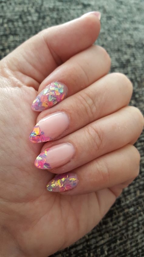 Iridescent Chunky Glitter Nails, Coloured Glitter Nails, Nails With Holographic Flakes, Glittery Colorful Nails, Rainbow Encapsulated Nails, Glitter Nails Colorful, Glitter Festival Nails, Multi Glitter Nails, Encapsulated Glitter Nails Acrylics