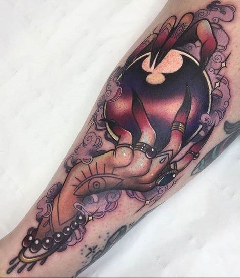 Gothic Neo Traditional, Cute Neo Traditional Tattoo, Neo Traditional Witchy Tattoos, Colorful Witch Tattoo, Neo Traditional Tattoos Leg, New School Tattoos For Women, Neotraditional Moon Tattoo, Witchy Neotraditional Tattoo, American Traditional Tattoos Unique