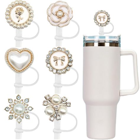 PRICES MAY VARY. Aesthetic Straw Covers Caps for Stanley/Yeti/Compatible with Simple Modern Cup - Package: 6PCS/set cute Sparkling diamond-encrusted pearls, hearts, roses, bows straw covers.Luxurious straw cover are perfect for Fit for stanley 20 30oz tumbler & stanley 40 oz tumbler with handle.(Straws not included).Women pearls straw covers are great for decorating your straw cups,boys stanley cup,sport water cups. Useful baseball straw toppers for tumblers & boys Stanley.Cool stanley cup acces Tan Stanley Cup, Stanley Cup Decorations, Stanley Cup Aesthetic Accessories, Stanley Decorations, Custom Stanley Tumbler, Stanley Cup Charms, Stanley Decor, Stanley Cup Accessories, Stanley Toppers