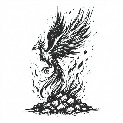 Phoenix Tattoo Design Ideas for a Bold Look Phoenix Rising From Ashes Drawing, Phoenix Out Of The Ashes Tattoo, Phoenix Ashes Tattoo, Phoenix Rebirth Tattoo, Rising Phoenix Tattoo Men, Flaming Phoenix Tattoo, Phoenix Bird Tattoos Men, Rebirth Tattoo Symbols, Phoenix Rising From Ashes Tattoo