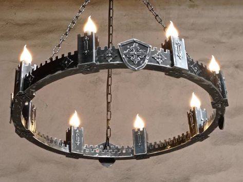 Chandelier ligthing - large Ancient Medieval Iron Chandelier - Eight lights chandelier - Ceiling lights - Rustic lighting More lights from BlackSeaLighting: https://www.etsy.com/shop/blacksealighting/ Castle style iron chandelier, shape of a medieval castle with eight towers. Two layers of steel, riveted decoration. I have been inspired to make this chandeliers after visiting Malta`s Templars castles of Mdina and Valletta. I choose to use a bare metal color, it`s inspired by great authentic armo Gothic Objects, Visiting Malta, Medieval Lighting, Medieval Chandelier, Nautical Bar, Dollhouse Library, Viking Aesthetic, Scary Halloween Decorations Outdoor, Rustic Ceiling Lights