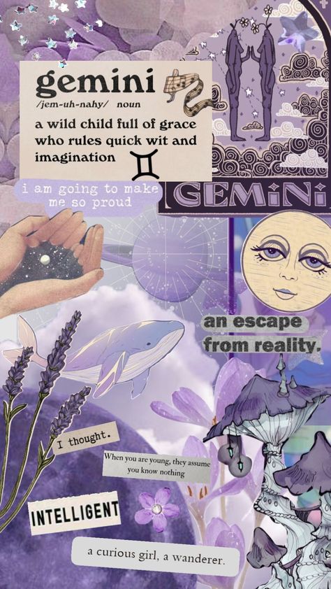 Gemini ♊️ #gemini #zodiac #purple #stars #intelligent #vintage #moon #quotes #twins #vintage #aesthetic #lavender #flowers #vibes #wallpaper Zodiac Wallpaper Gemini, Purple Gemini Wallpaper, Gemini Purple Aesthetic, Gemini Witch Aesthetic, Purple Gemini Aesthetic, Gemini Aesthetic Art Wallpaper, Wallpaper Backgrounds Gemini, Gemini Collage Wallpaper, June Gemini Aesthetic