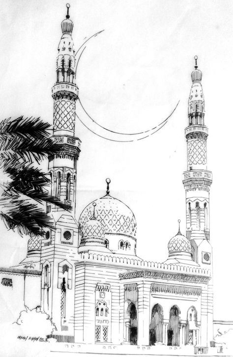 Dubai Mosque  Illustration by Irfan Khan   mirkha12@yahoo.com Mosque Sketch Architecture, Mosque Sketch Drawing, Mosque Aesthetic Drawing, Badshahi Mosque Sketch, Minaret Drawing, Mosque Art Illustration, Mosque Art Drawing, Islamic Architecture Drawing, Mosque Tattoo