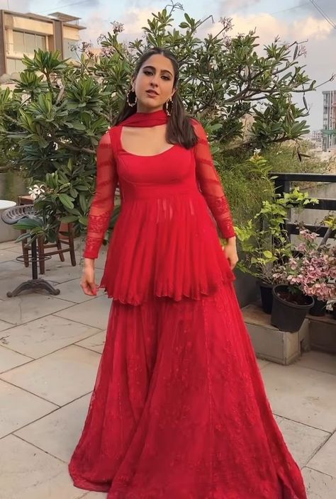 Red Garara Dress Simple, How To Style Sharara Suit, Paplon Design Suit, Red Sarara Dress, Red Gharara Outfit, Red Garara Dress, Black Garara Suit, Sarara Dress Indian Weddings, Muslim Wedding Guest Outfit