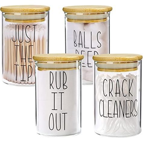 MOMEEMO Apothecary Jars with Lids for Bathroom Organization, Qtip Cotton Ball Round Holder, and Floss Pick Storage are Great for Decor. (Set of 4, Pads & Floss) Floss Pick Storage, Qtip Storage Ideas, Ideal Farmhouse, Guest Bathroom Essentials, Restroom Accessories, Cotton Ball Holder, Q Tip Holder, Organize Bathroom Countertop, Bathroom Jars