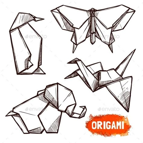 Hand Drawn Origami Figures Set by macrovector Hand drawn doodle style set of 4 origami figures penguin butterfly elephant swan isolated vector illustration Origami Tattoo Ideas, Origami Drawing, Geometric Sketch, Origami Figures, Swan Drawing, Elephant Sketch, Origami Tattoo, Penguin Tattoo, Origami Elephant