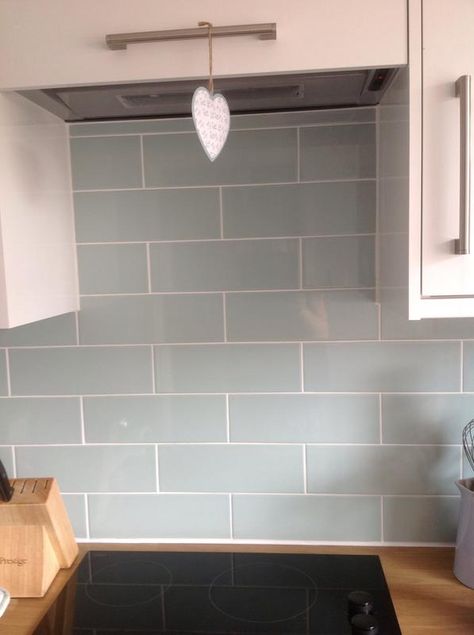 Duck Egg Blue Kitchen Walls, Duck Egg Blue Kitchen Tiles, Duck Egg Kitchen, Blue Kitchen White Metro Tiles, Blue Metro Tiles Kitchen, Sage Metro Tiles Kitchen, Egg Cabinet, Duck Egg Blue Kitchen, Kitchen Tile Ideas