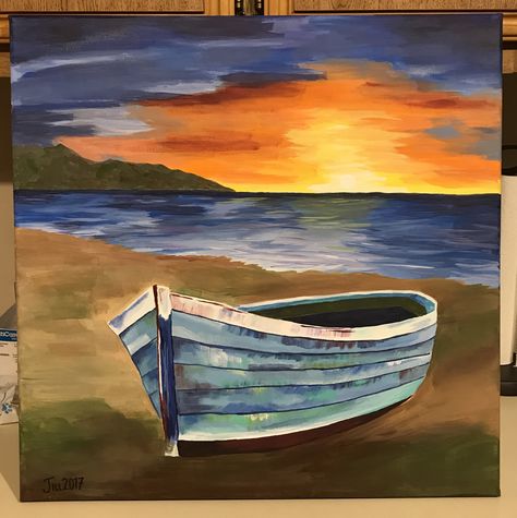 Boat Beach, Painted Glass Bottles, Sunset On The Beach, Boat Pictures, Daisy Painting, Landscape Paintings Acrylic, Boat Painting, Painting People, Impressionism Painting