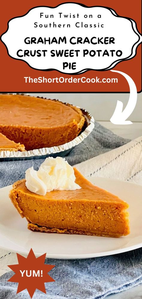 A slice of sweet potato pie topped with whipped cream. Recipe For Sweet Potato Pie, Dessert Substitutes, Sweet Potato Pie Recipe Easy, Sweet Potato Pie Filling, Sweet Patato, Homemade Sweet Potato Pie, Holiday Pie, Graham Cracker Recipes, Canning Sweet Potatoes