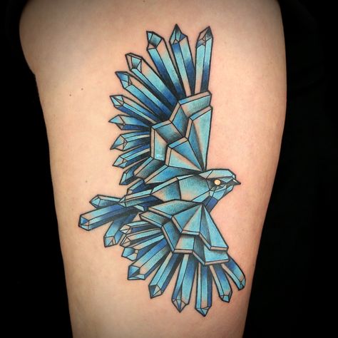 Bird (Crystals) Tattoo by Angel Rose Small Crystal Tattoo, Crystal Tattoo Design, Amethyst Tattoo, Crystal Tattoo Ideas, Crystals Tattoo, As Above So Below Tattoo, Crystal Ball Tattoo, Tattoo Font Styles, Ink Master Tattoos