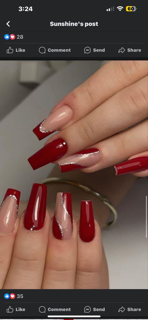 Nail Inspo Wine Red, Fall Bling Nails, Red Wine Nails, Red Sparkly Nails, Plain Acrylic Nails, Red And Silver Nails, French Manicure Nail Designs, Wine Nails, Maroon Nails