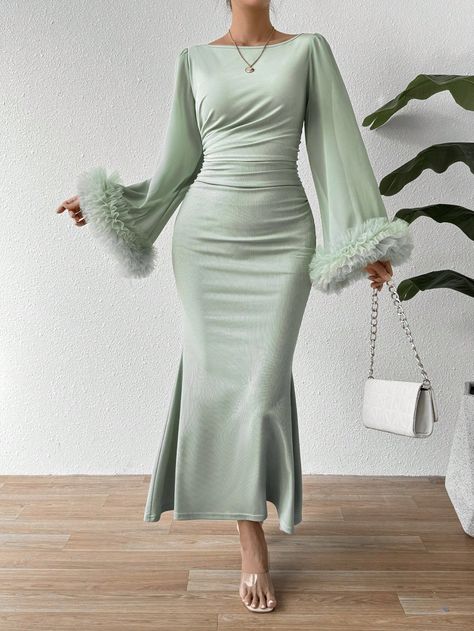 SHEIN Privé Trumpet Sleeve Lace Trim Mermaid DressI discovered amazing products on SHEIN.com, come check them out! Shefong Dress, Mint Green Dress Outfit Wedding, Mint Green Dress Outfit, Mint Green Dresses, Black Formal Midi Dress, Mint Green Outfits, Green Dress Outfit, Mode Purple, Mint Green Dress