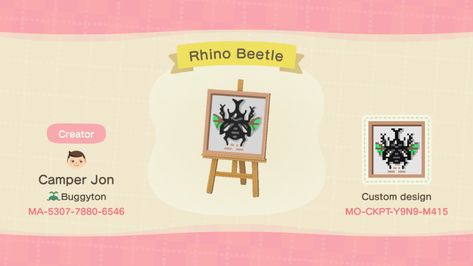 Acnh Bug Design, Acnh Tattoo, Codes Acnh, Acnh Art, Ac Codes, Rhino Beetle, Acnh Paths, Acnh Clothes, Animal Crossing Funny