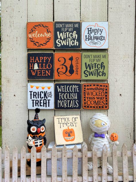 "All Halloween signs 20% off for orders over $35. Use coupon code - SPOOKYJULY Cute little 5 1/2\" Halloween signs See more Fall & Halloween minis at - https://www.etsy.com/listing/853539702/mini-fall-signs-fall-decor-tiered-tray https://www.etsy.com/listing/838964248/halloween-signs-halloween-decor-tiered https://www.etsy.com/listing/852463743/halloween-mini-signs-halloween-decor These signs are made to order. Orders are currently taking 7-14 days for production. I carefully wrap and pack e Small Halloween Signs Wooden, Halloween Plaques Wood Signs, Halloween Minis, Wooden Halloween Signs, Tag Signs, Trick Or Treat Sign, Door Tag, Halloween Wood Signs, Crafts Fall