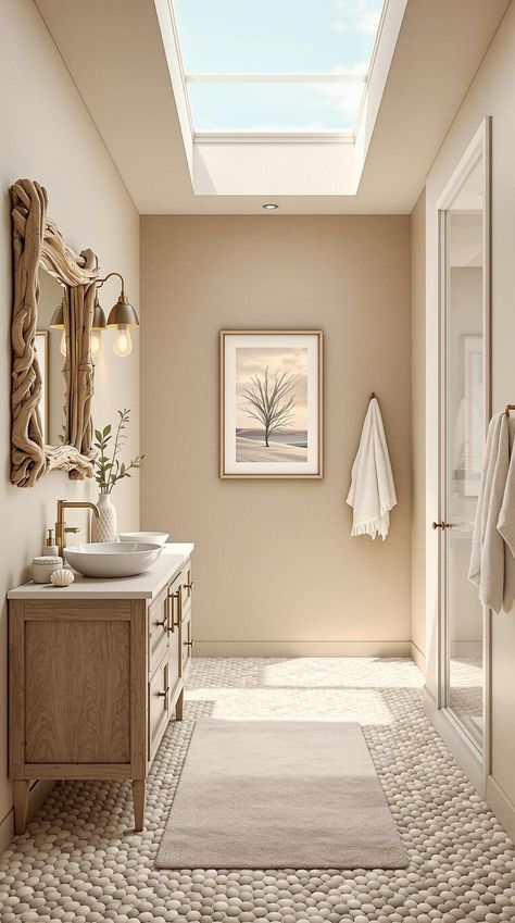 Coastal Bathroom Ideas Neutral Coastal Bathroom, Coastal Bathroom Ideas, Peaceful Beach, Seashell Decor, Coastal Bathroom, Bathroom Oasis, Bleached Wood, Tiled Shower, Coastal Bathrooms