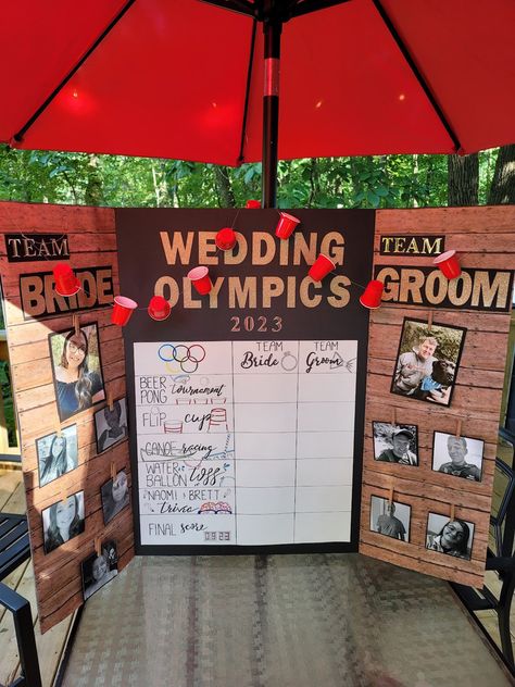 Bachelor Camping Party, Wedding Olympics Ideas, Slip N Slide Drinking Game, Bach Olympics Games, Bachelorette/bachelor Party Games, Bach Bash Ideas, Co Bachelor Bachelorette Party Ideas, Camp Themed Engagement Party, Different Bachelorette Party Ideas