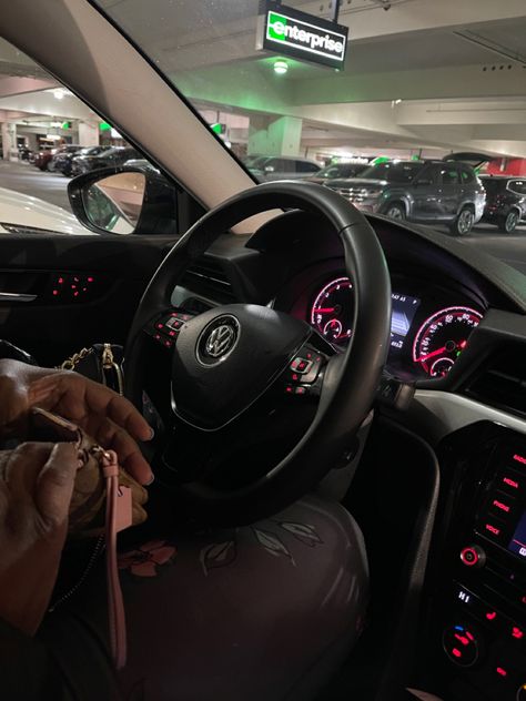 Vw, car interior, black, black girl, small car, cute, driving, steering wheel, flowers, leggings Black Car For Women, New Car Aesthetic Black Woman, Driving Black Women, Black Woman Driving Car Aesthetic, Driving Aesthetic Black Women, New Car Black Women, Black Woman Driving, Steering Wheel Aesthetic, Car Interior Black